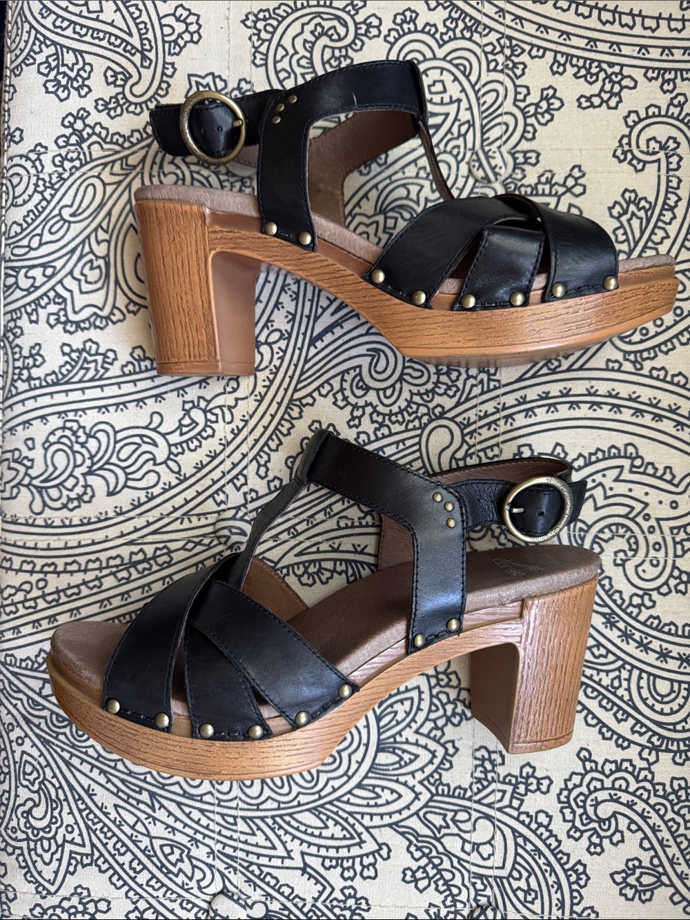Dansko Black Leather Platform Sandals with Wood-Effect Heel